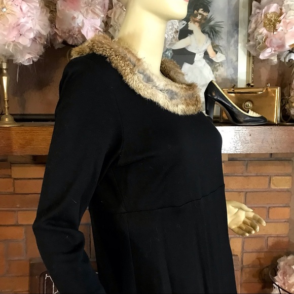 KAREN KANE BLACK KNIT DRESS WITH BROWN RABBIT FUR COLLAR (M) - Picture 5 of 15